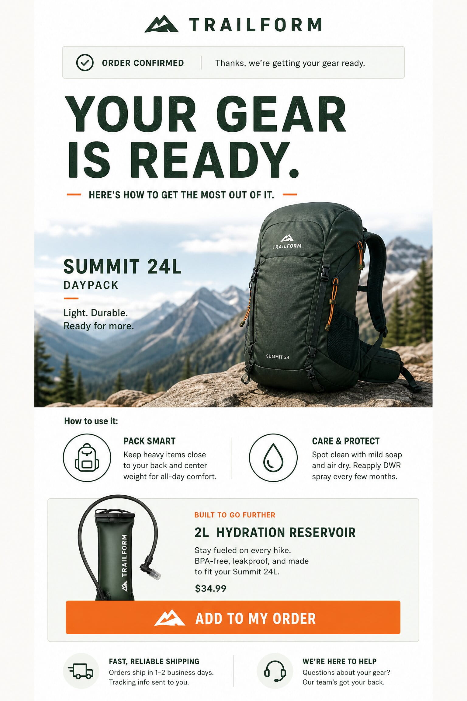 Illustrative post-purchase email concept for an outdoor gear brand