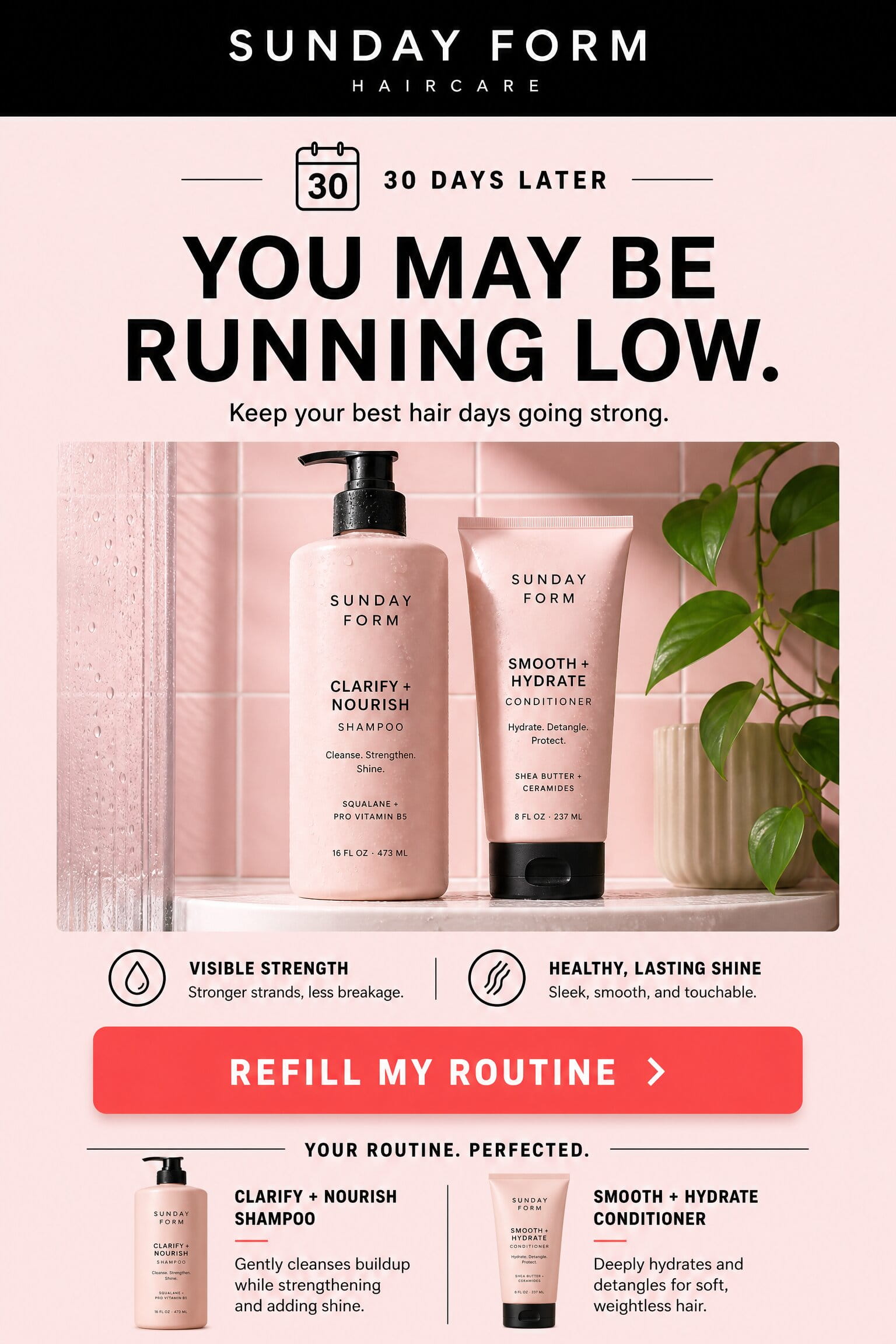 Illustrative replenishment email concept for a haircare brand