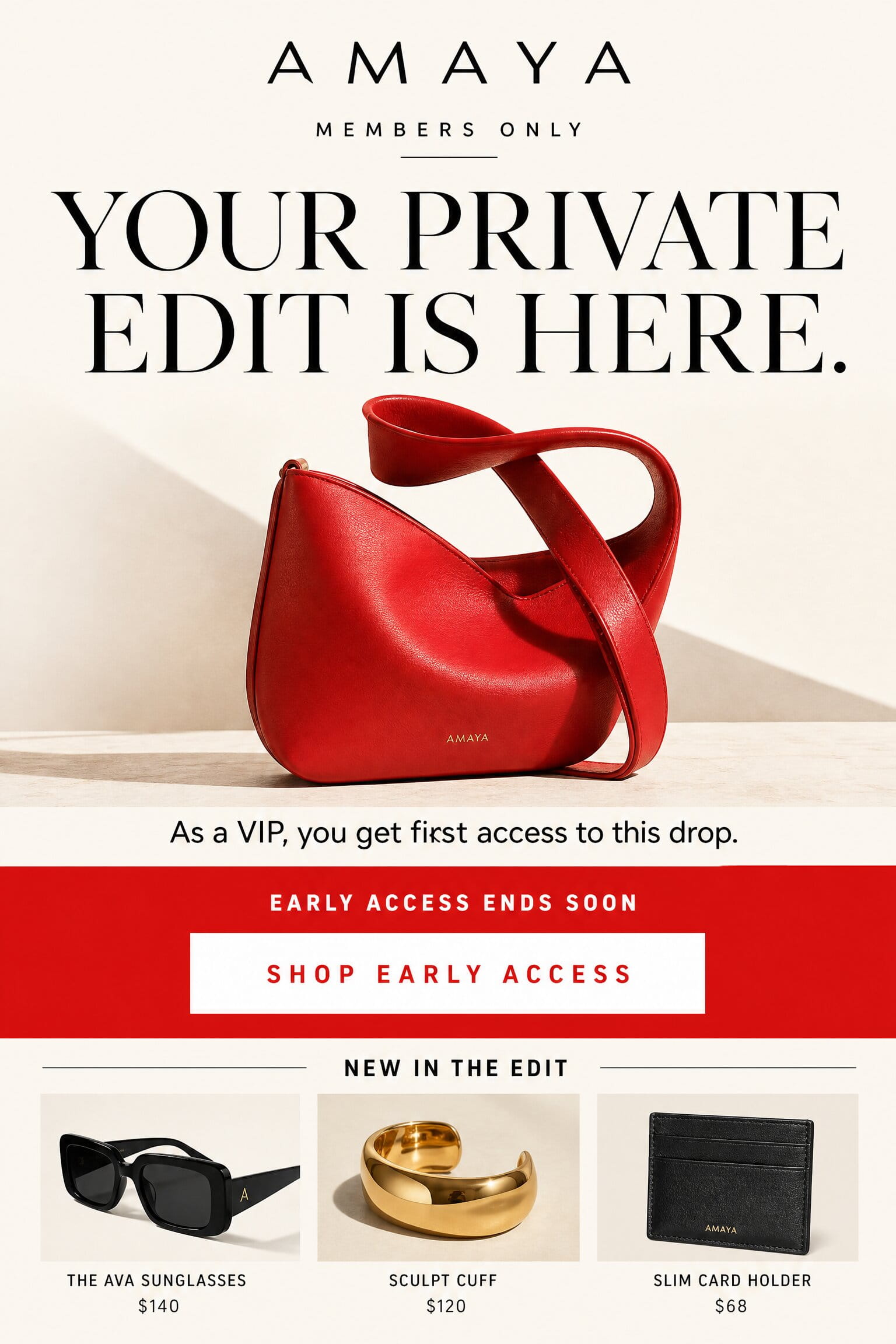 Illustrative VIP early-access email concept for a fashion accessories brand