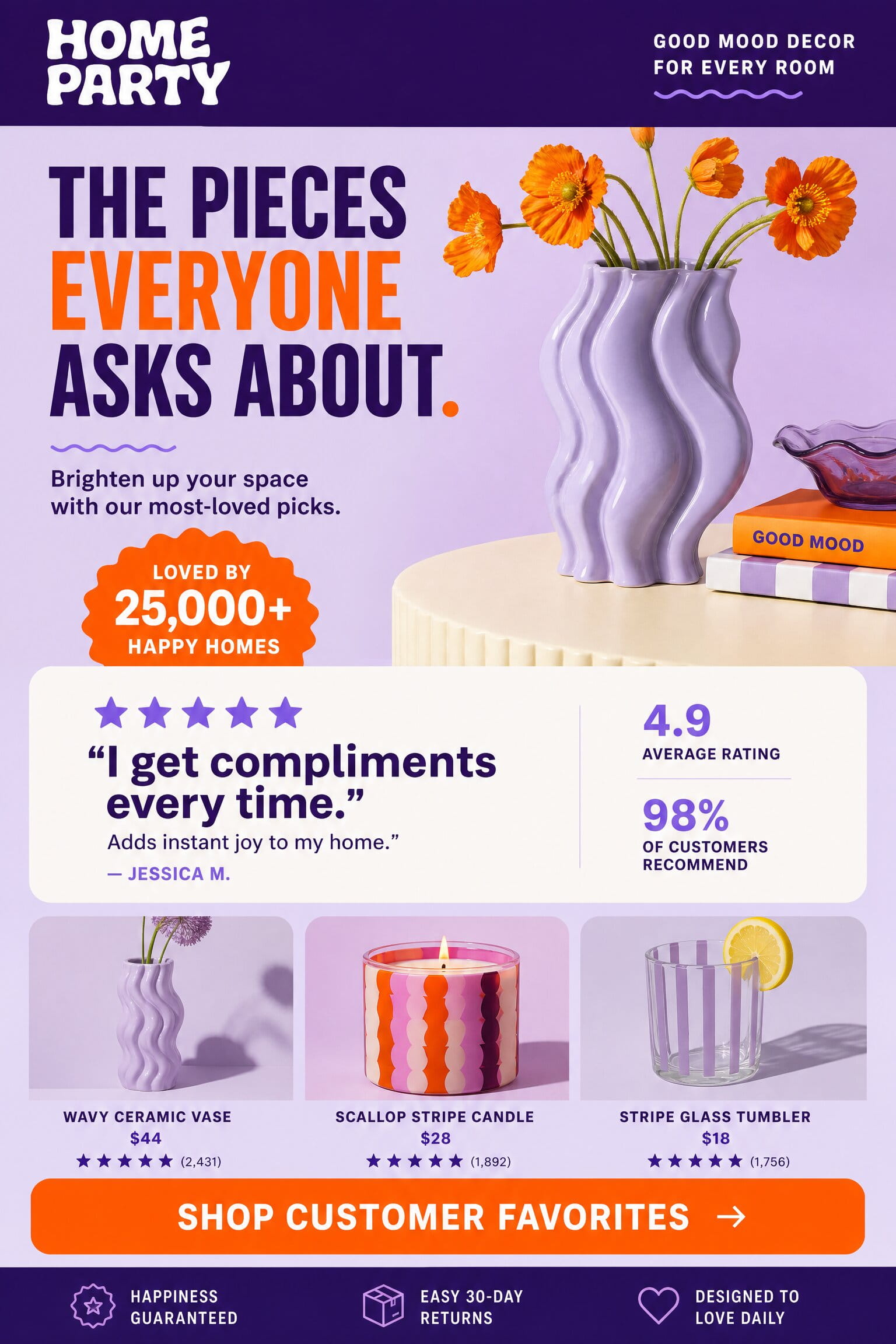 Illustrative customer-favorites email concept for a home-goods brand
