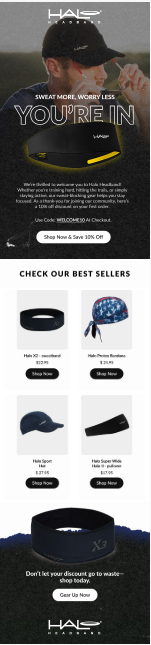The welcome email Halo Headband sent after signup