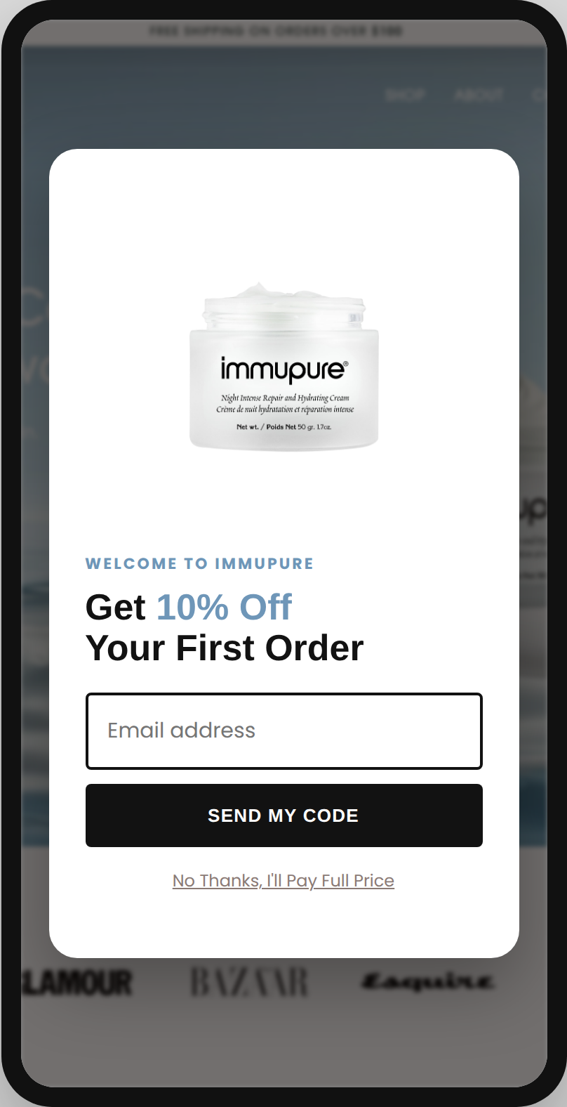 Immupure mobile popup
